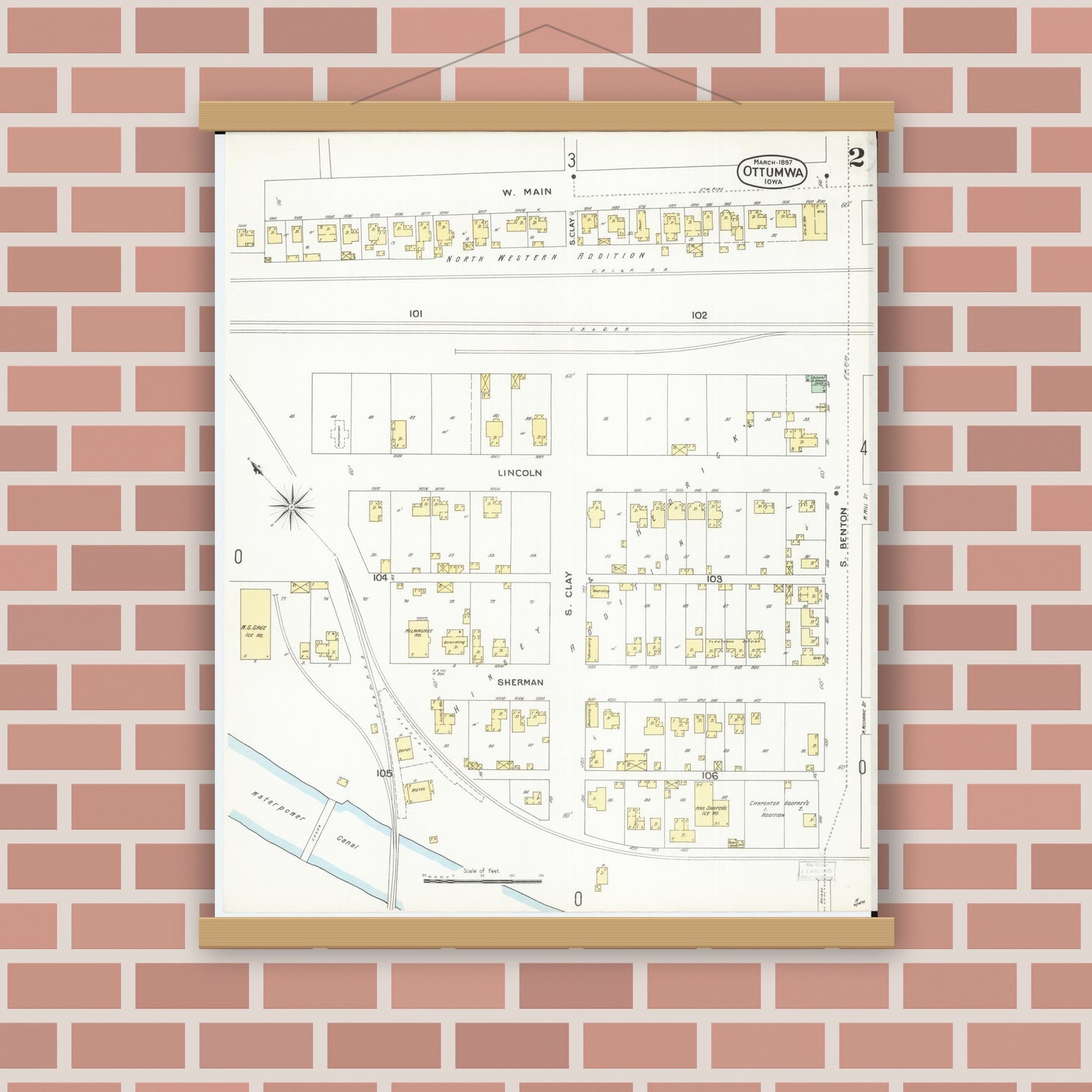 Old map wall art mockup — magnetic wood frame on brick wall — Sanborn Fire Insurance Map from Ottumwa, Wapello County, Iowa (1897), Sheet #0002