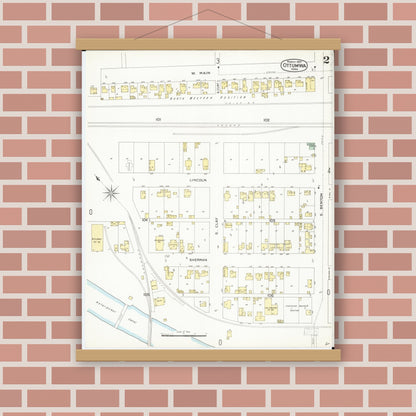Old map wall art mockup — magnetic wood frame on brick wall — Sanborn Fire Insurance Map from Ottumwa, Wapello County, Iowa (1897), Sheet #0002