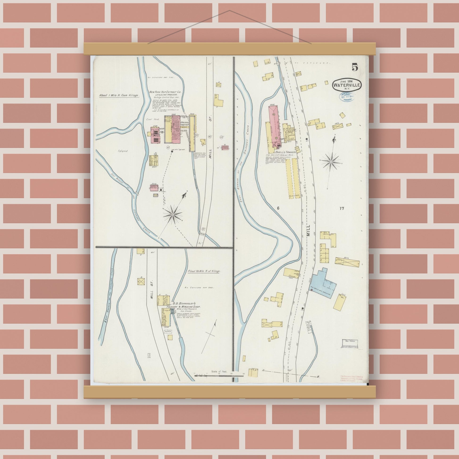 Old map wall art mockup — magnetic wood frame on brick wall — Sanborn Fire Insurance Map from Waterville, Oneida County, New York (1894), Sheet #0005