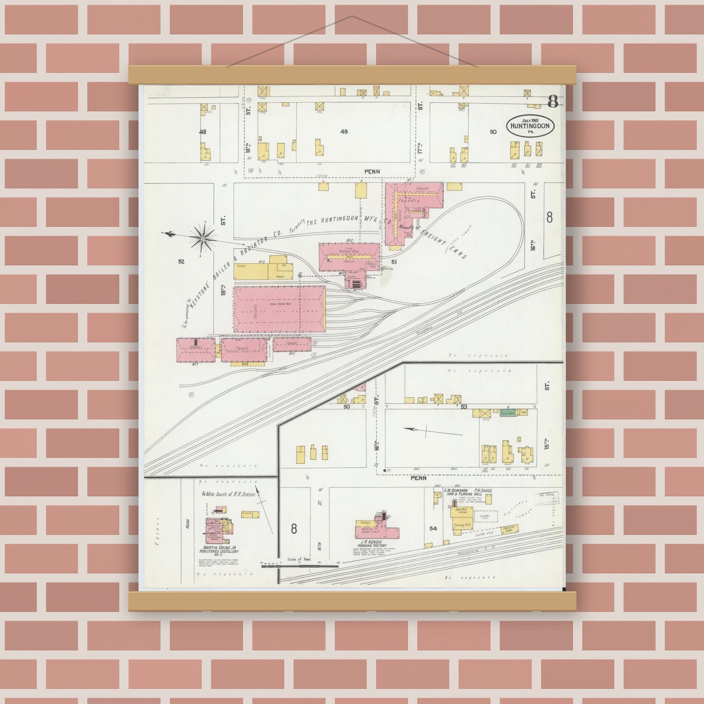 Old map wall art mockup — magnetic wood frame on brick wall — Sanborn Fire Insurance Map from Huntingdon, Huntingdon County, Pennsylvania (1901), Sheet #0008