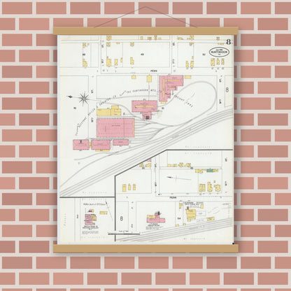 Old map wall art mockup — magnetic wood frame on brick wall — Sanborn Fire Insurance Map from Huntingdon, Huntingdon County, Pennsylvania (1901), Sheet #0008