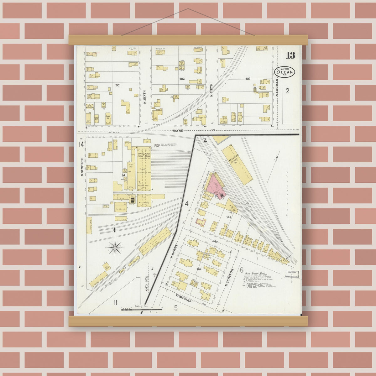 Old map wall art mockup — magnetic wood frame on brick wall — Sanborn Fire Insurance Map from Olean, Cattaraugus County, New York (1898), Sheet #0013