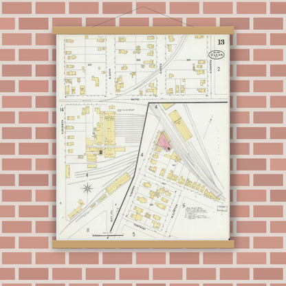Old map wall art mockup — magnetic wood frame on brick wall — Sanborn Fire Insurance Map from Olean, Cattaraugus County, New York (1898), Sheet #0013