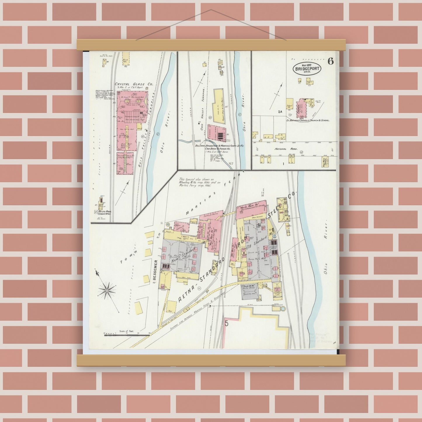 Old map wall art mockup — magnetic wood frame on brick wall — Sanborn Fire Insurance Map from Bridgeport, Belmont County, Ohio (1897), Sheet #0006