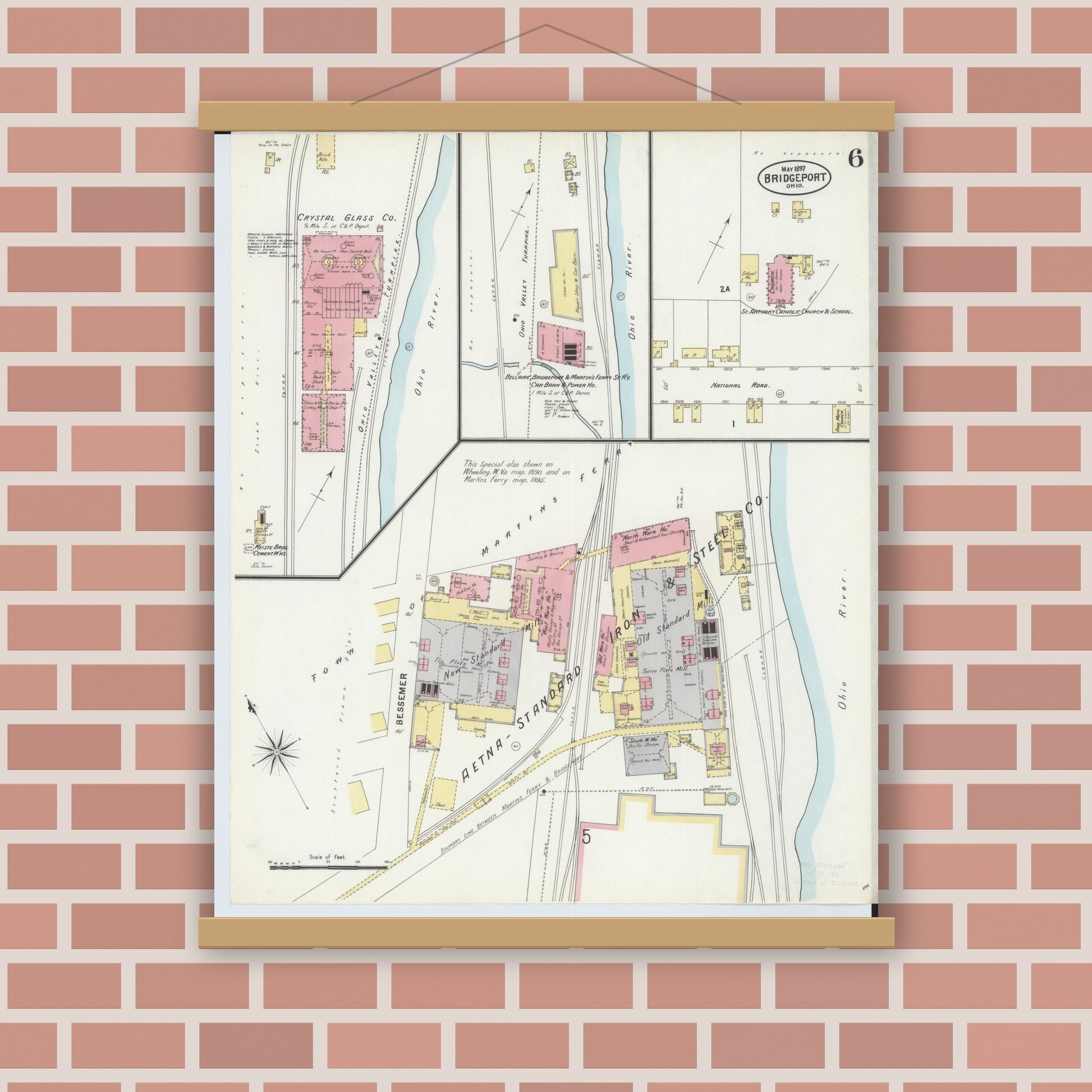 Old map wall art mockup — magnetic wood frame on brick wall — Sanborn Fire Insurance Map from Bridgeport, Belmont County, Ohio (1897), Sheet #0006