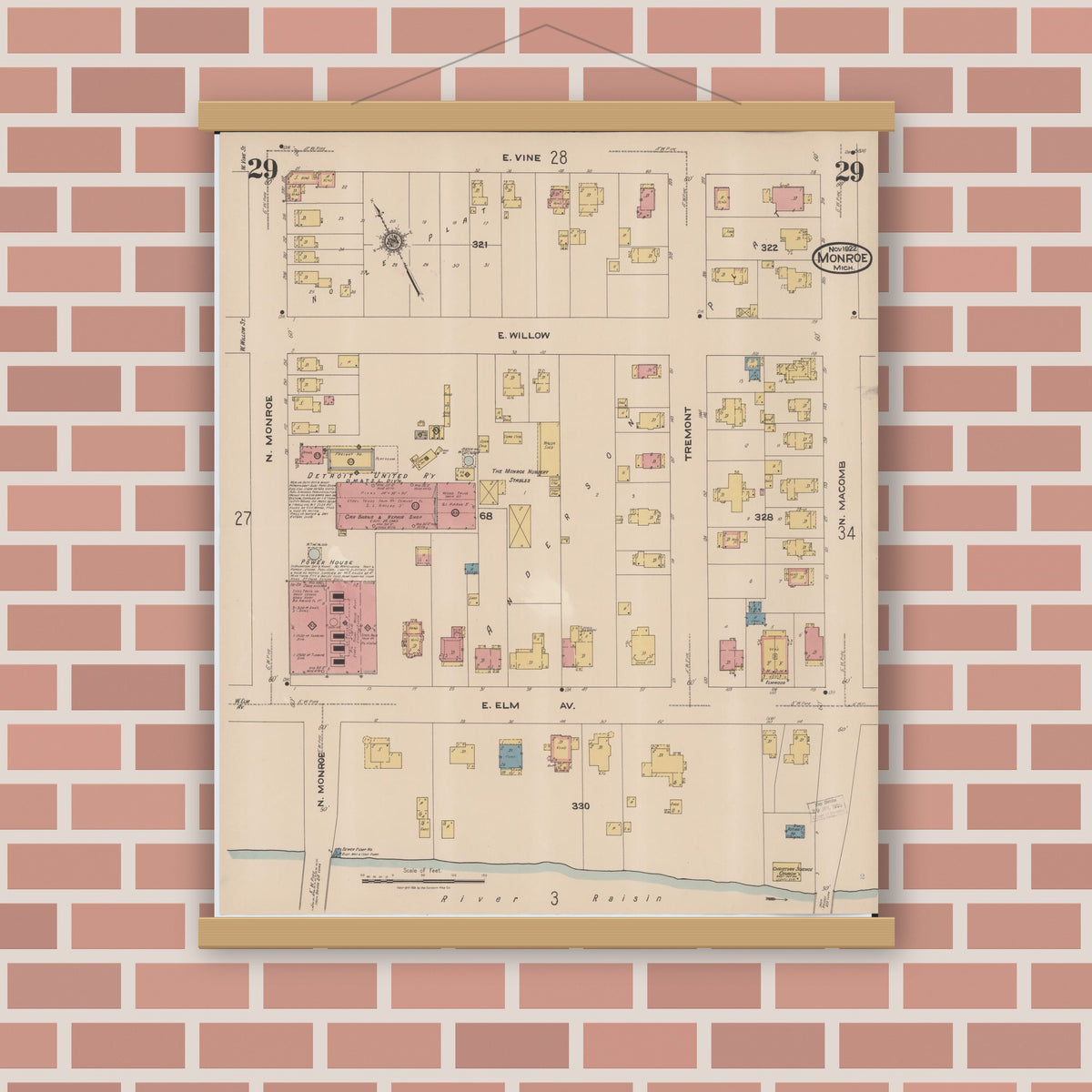 Old map wall art mockup — magnetic wood frame on brick wall — Sanborn Fire Insurance Map from Monroe, Monroe County, Michigan (1922), Sheet #0029