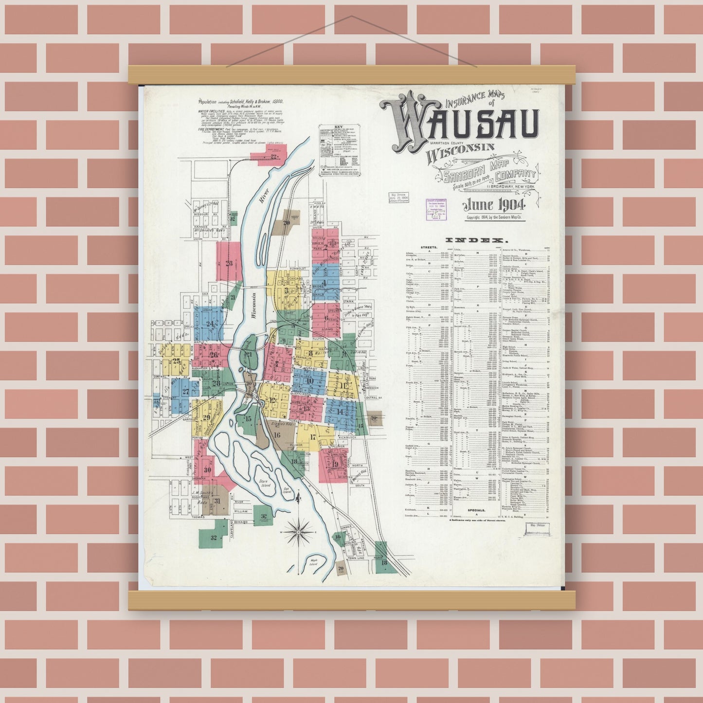 Old map wall art mockup — magnetic wood frame on brick wall — Sanborn Fire Insurance Map from Wausau, Marathon County, Wisconsin (1904) - Complete Map Set