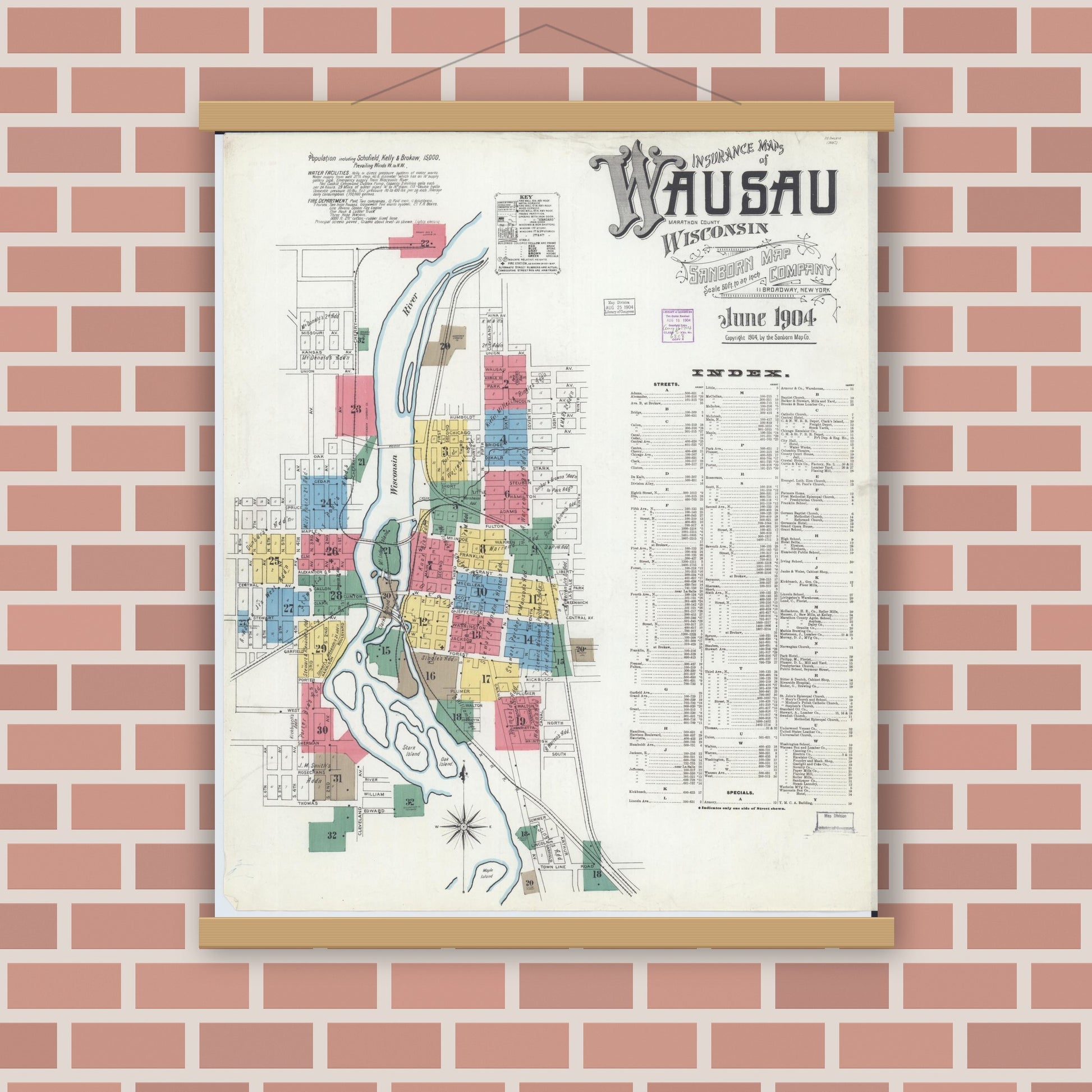 Old map wall art mockup — magnetic wood frame on brick wall — Sanborn Fire Insurance Map from Wausau, Marathon County, Wisconsin (1904) - Complete Map Set