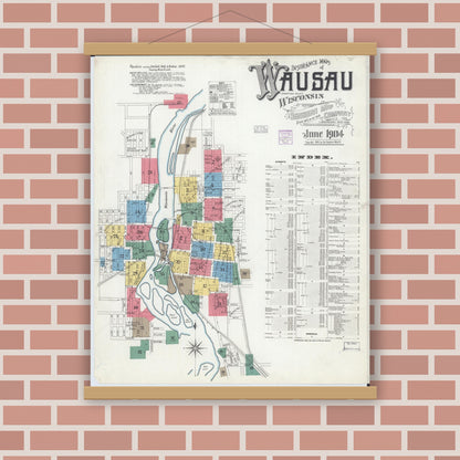 Old map wall art mockup — magnetic wood frame on brick wall — Sanborn Fire Insurance Map from Wausau, Marathon County, Wisconsin (1904) - Complete Map Set