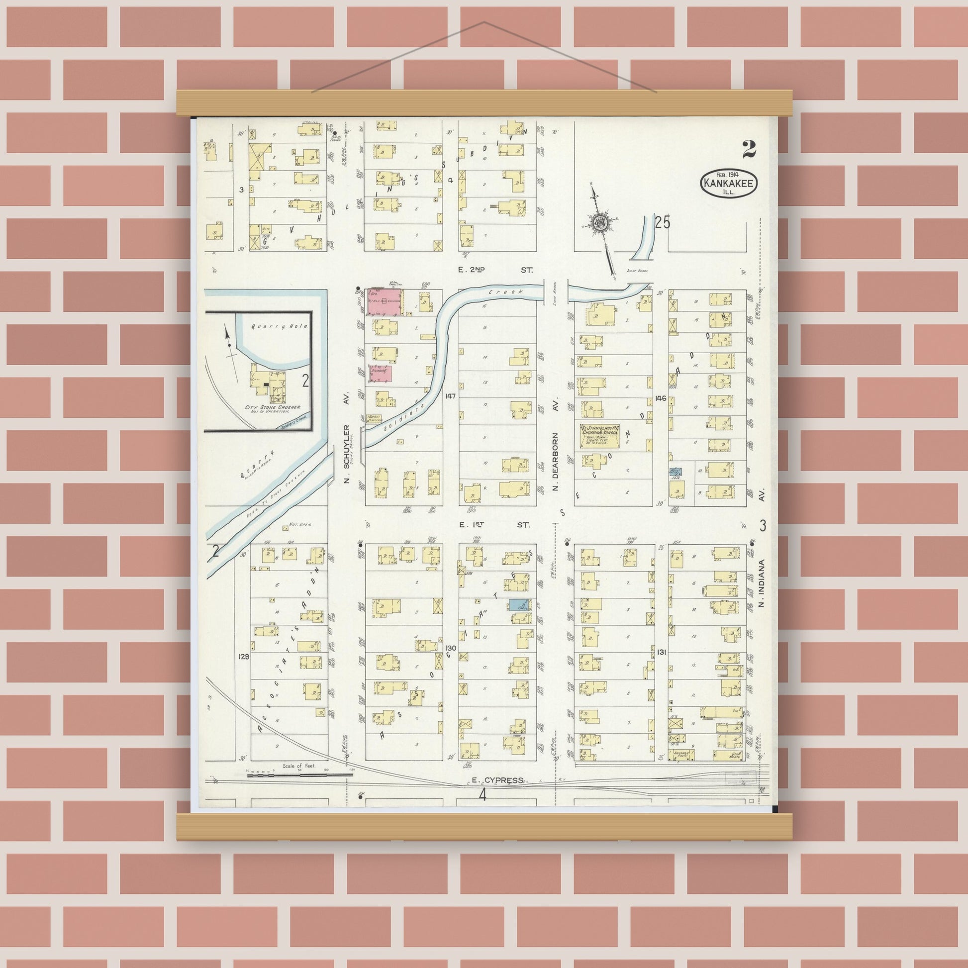 Old map wall art mockup — magnetic wood frame on brick wall — Sanborn Fire Insurance Map from Kankakee, Kankakee County, Illinois (1914), Sheet #0002