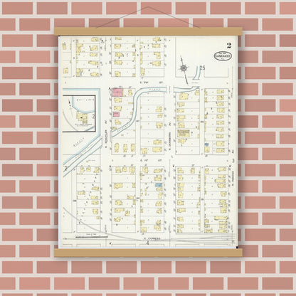 Old map wall art mockup — magnetic wood frame on brick wall — Sanborn Fire Insurance Map from Kankakee, Kankakee County, Illinois (1914), Sheet #0002