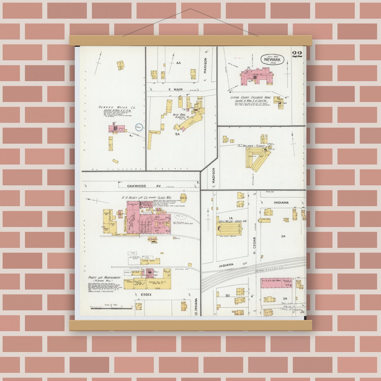 Old map wall art mockup — magnetic wood frame on brick wall — Sanborn Fire Insurance Map from Newark, Licking County, Ohio (1899), Sheet #0022