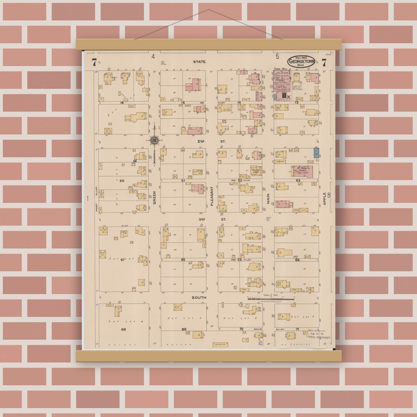 Old map wall art mockup — magnetic wood frame on brick wall — Sanborn Fire Insurance Map from Georgetown, Brown County, Ohio (1922), Sheet #0007