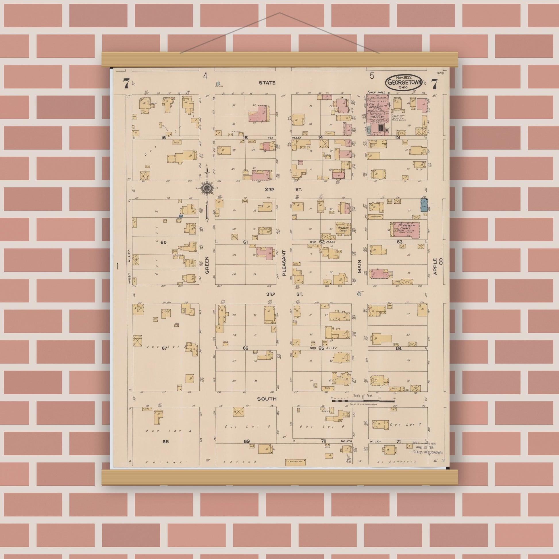 Old map wall art mockup — magnetic wood frame on brick wall — Sanborn Fire Insurance Map from Georgetown, Brown County, Ohio (1922), Sheet #0007