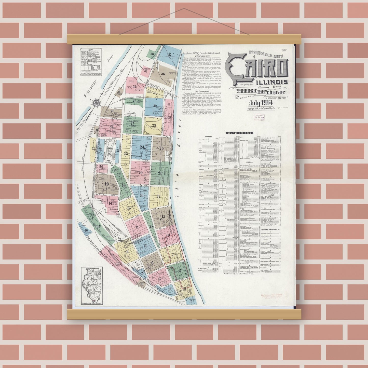 Old map wall art mockup — magnetic wood frame on brick wall — Sanborn Fire Insurance Map from Cairo, Alexander County, Illinois (1914) - Complete Map Set