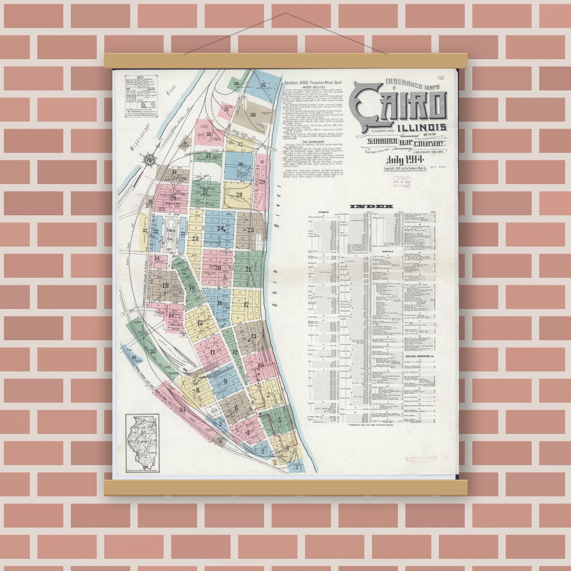 Old map wall art mockup — magnetic wood frame on brick wall — Sanborn Fire Insurance Map from Cairo, Alexander County, Illinois (1914) - Complete Map Set