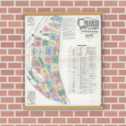 Old map wall art mockup — magnetic wood frame on brick wall — Sanborn Fire Insurance Map from Cairo, Alexander County, Illinois (1914) - Complete Map Set