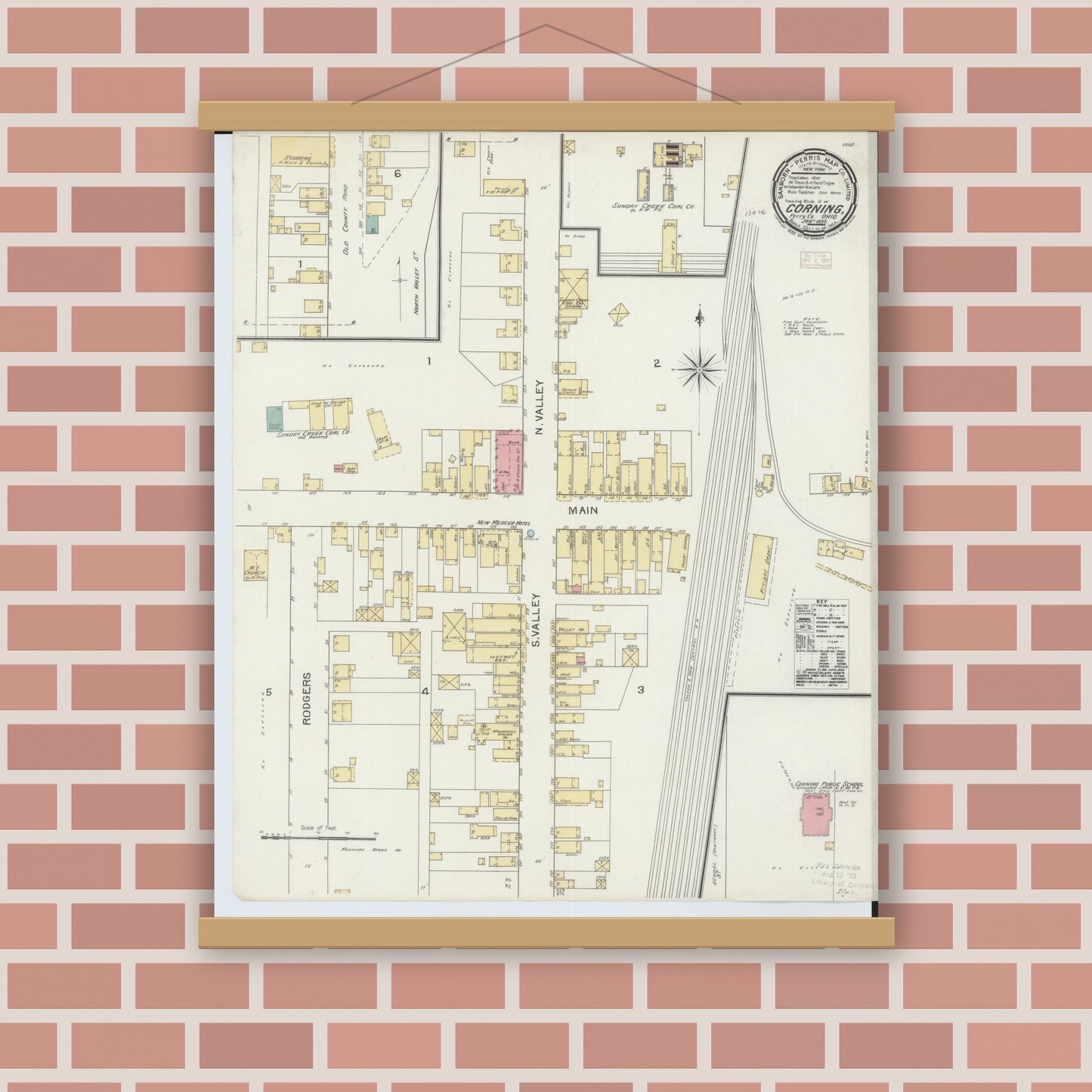 Old map wall art mockup — magnetic wood frame on brick wall — Sanborn Fire Insurance Map from Corning, Perry County, Ohio (1893), Sheet #0001
