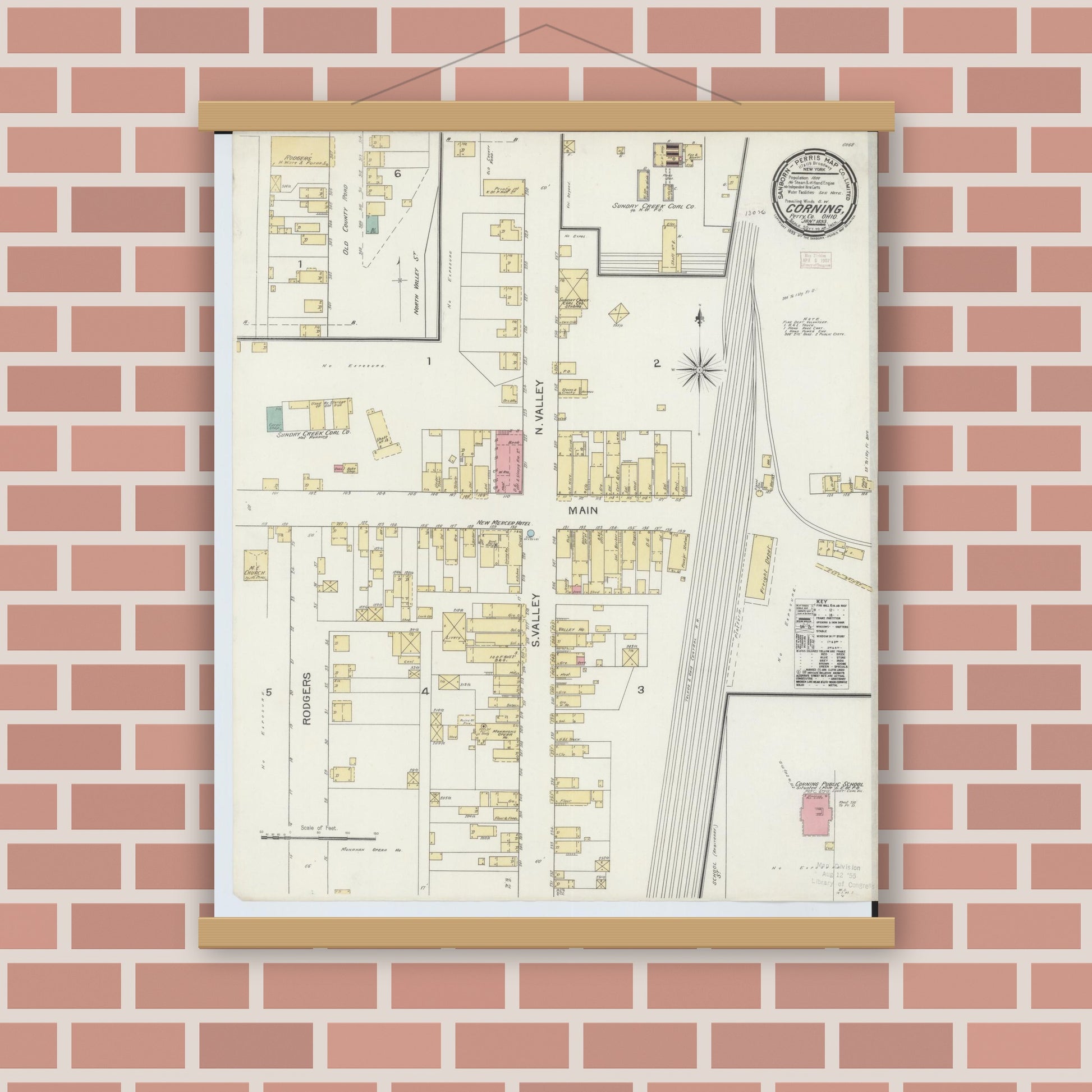 Old map wall art mockup — magnetic wood frame on brick wall — Sanborn Fire Insurance Map from Corning, Perry County, Ohio (1893), Sheet #0001