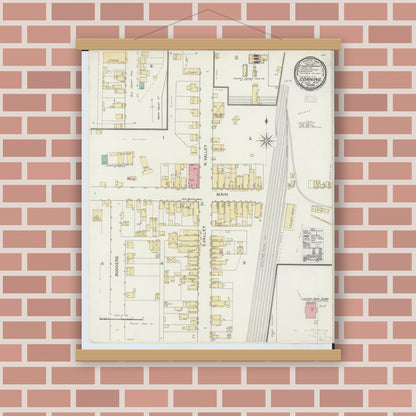 Old map wall art mockup — magnetic wood frame on brick wall — Sanborn Fire Insurance Map from Corning, Perry County, Ohio (1893), Sheet #0001