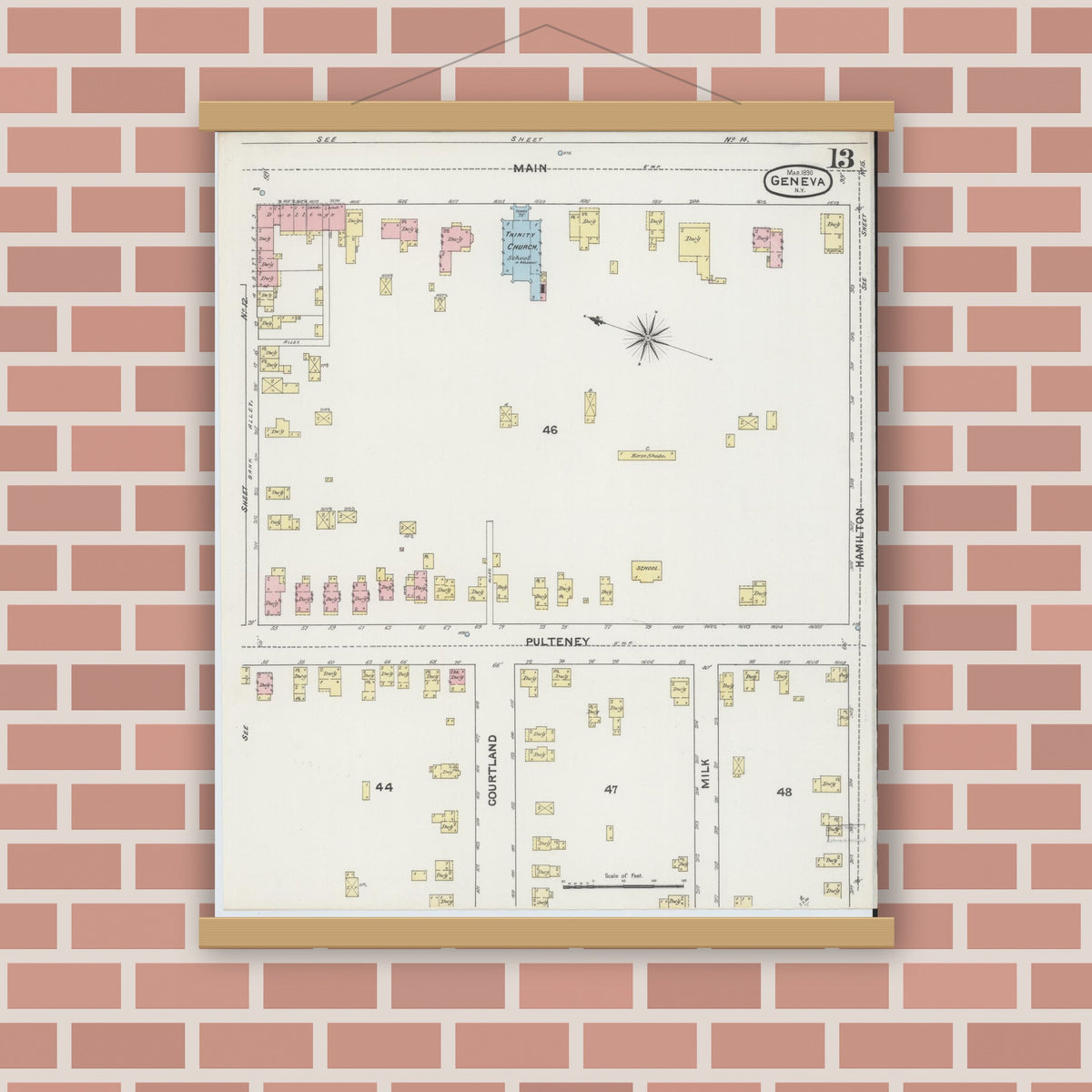 Old map wall art mockup — magnetic wood frame on brick wall — Sanborn Fire Insurance Map from Geneva, Ontario County, New York (1890), Sheet #0013