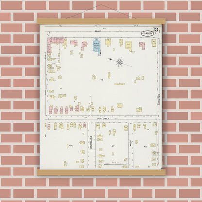 Old map wall art mockup — magnetic wood frame on brick wall — Sanborn Fire Insurance Map from Geneva, Ontario County, New York (1890), Sheet #0013