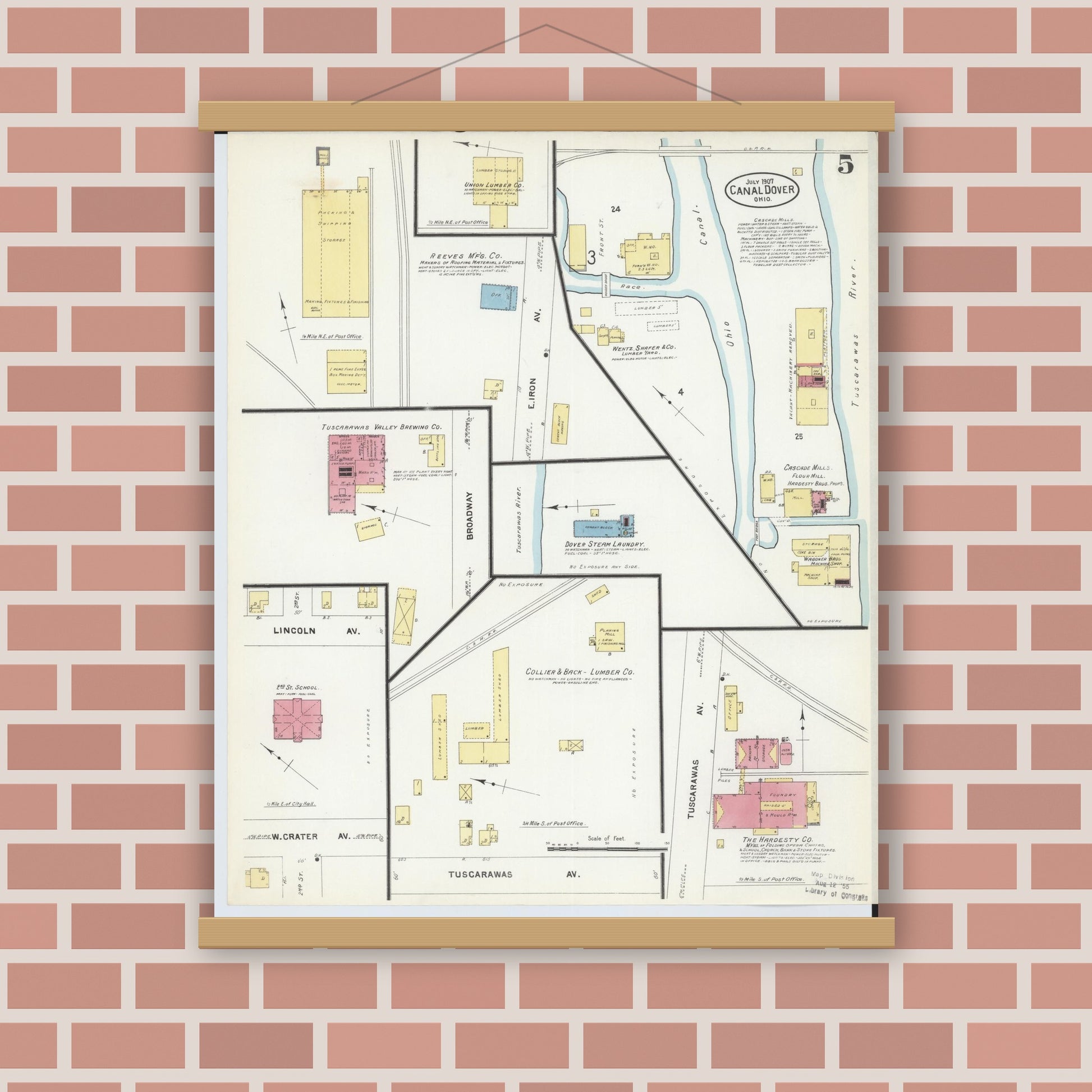 Old map wall art mockup — magnetic wood frame on brick wall — Sanborn Fire Insurance Map from Canal Dover, Tuscarawas County, Ohio (1907), Sheet #0005