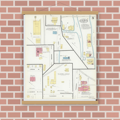 Old map wall art mockup — magnetic wood frame on brick wall — Sanborn Fire Insurance Map from Canal Dover, Tuscarawas County, Ohio (1907), Sheet #0005