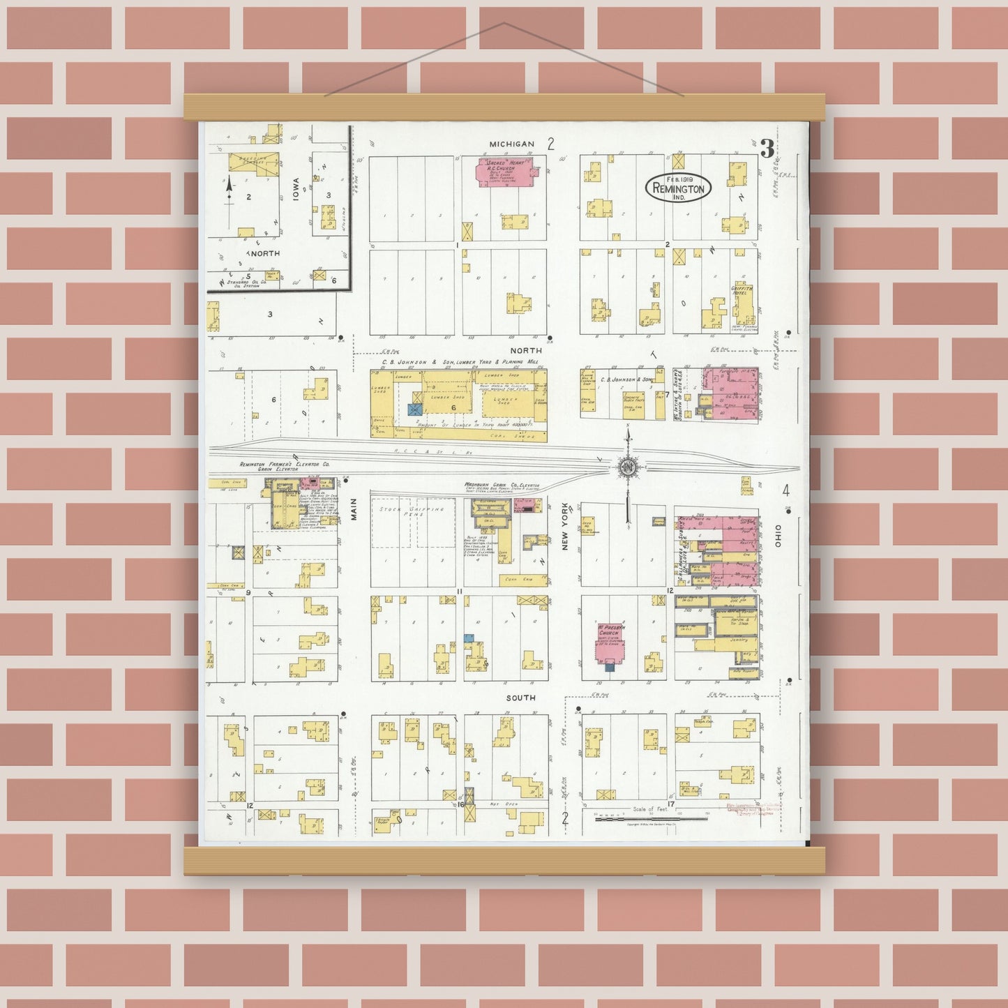 Old map wall art mockup — magnetic wood frame on brick wall — Sanborn Fire Insurance Map from Remington, Jasper County, Indiana (1919), Sheet #0003