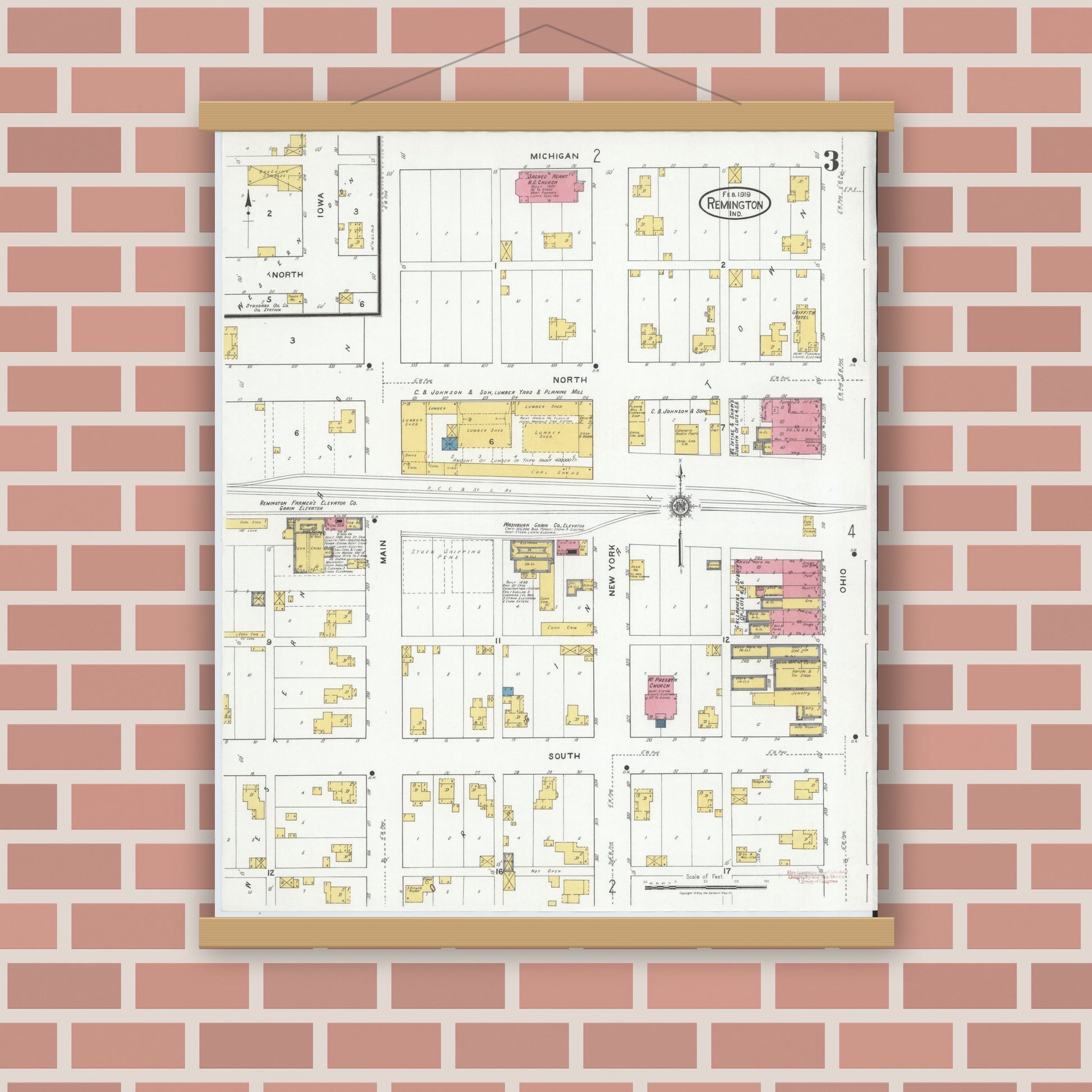 Old map wall art mockup — magnetic wood frame on brick wall — Sanborn Fire Insurance Map from Remington, Jasper County, Indiana (1919), Sheet #0003