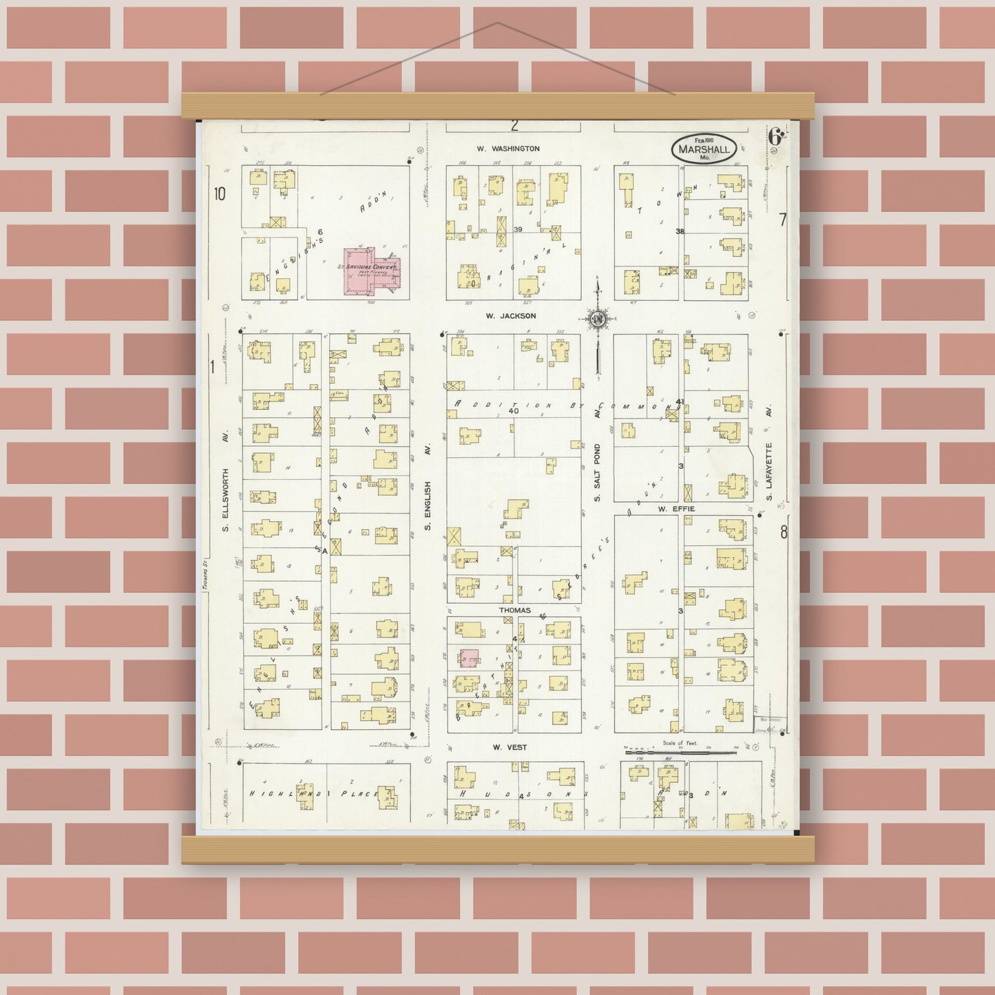Old map wall art mockup — magnetic wood frame on brick wall — Sanborn Fire Insurance Map from Marshall, Saline County, Missouri (1910), Sheet #0006