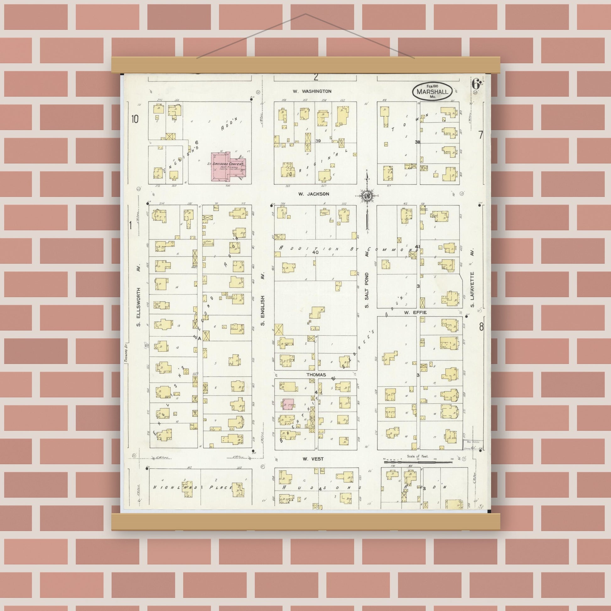 Old map wall art mockup — magnetic wood frame on brick wall — Sanborn Fire Insurance Map from Marshall, Saline County, Missouri (1910), Sheet #0006
