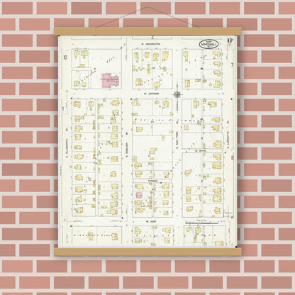 Old map wall art mockup — magnetic wood frame on brick wall — Sanborn Fire Insurance Map from Marshall, Saline County, Missouri (1910), Sheet #0006