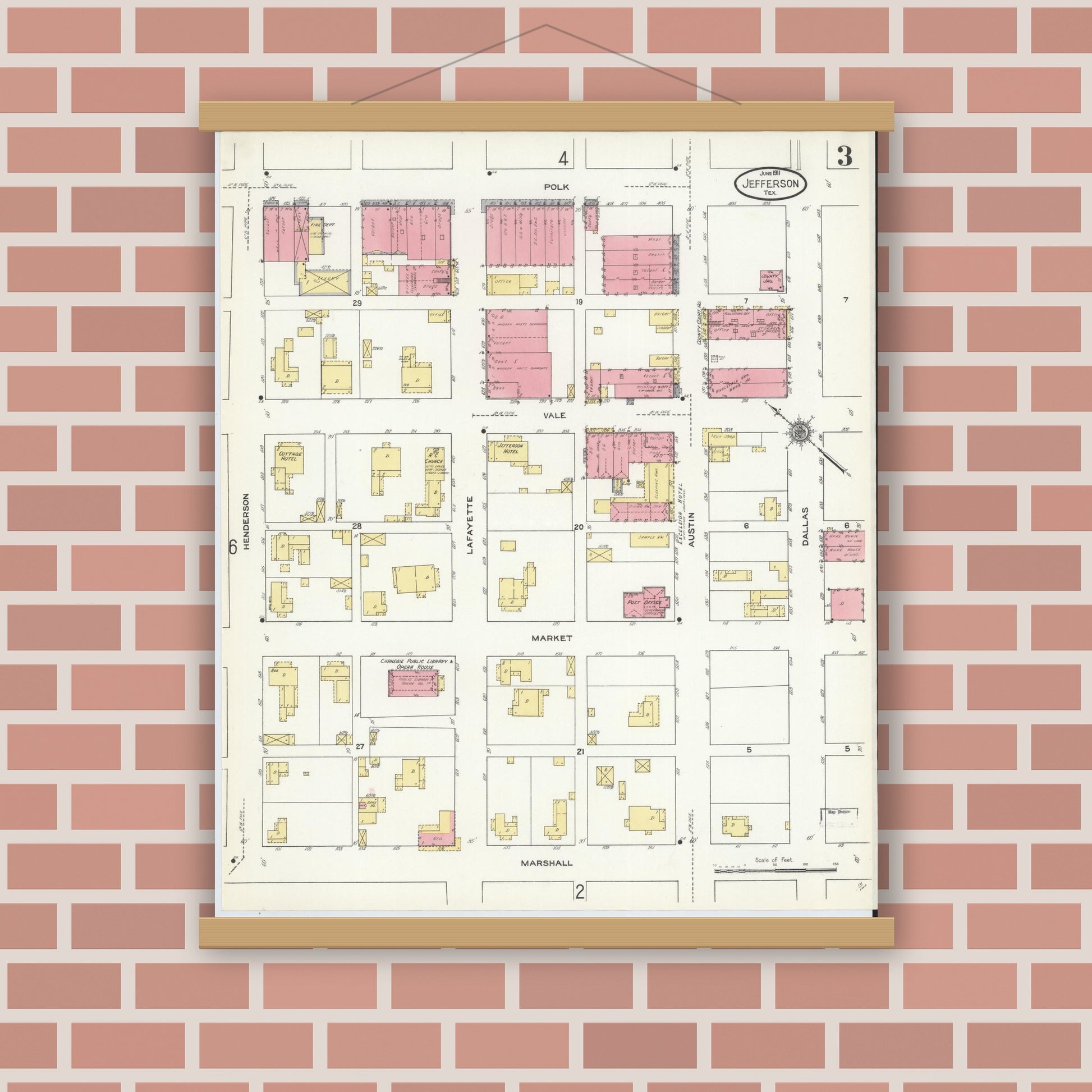 Old map wall art mockup — magnetic wood frame on brick wall — Sanborn Fire Insurance Map from Jefferson, Marion County, Texas (1911), Sheet #0003
