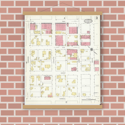 Old map wall art mockup — magnetic wood frame on brick wall — Sanborn Fire Insurance Map from Jefferson, Marion County, Texas (1911), Sheet #0003