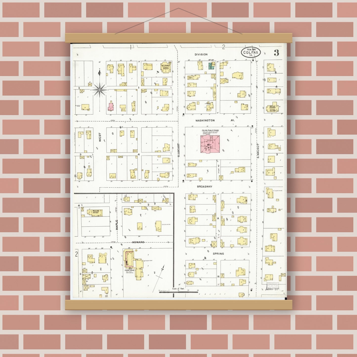 Old map wall art mockup — magnetic wood frame on brick wall — Sanborn Fire Insurance Map from Colfax, Jasper County, Iowa (1906), Sheet #0003