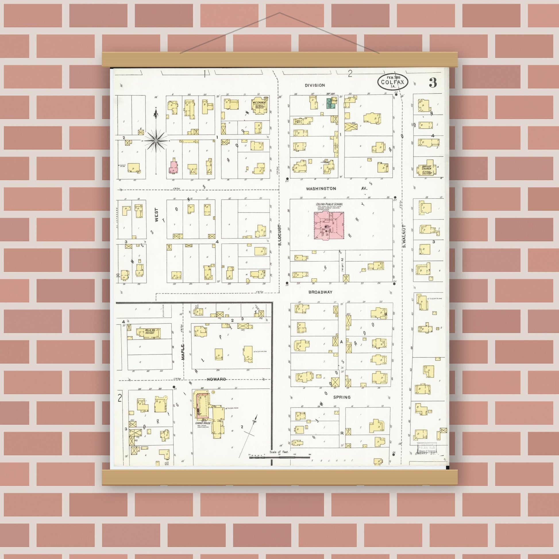 Old map wall art mockup — magnetic wood frame on brick wall — Sanborn Fire Insurance Map from Colfax, Jasper County, Iowa (1906), Sheet #0003