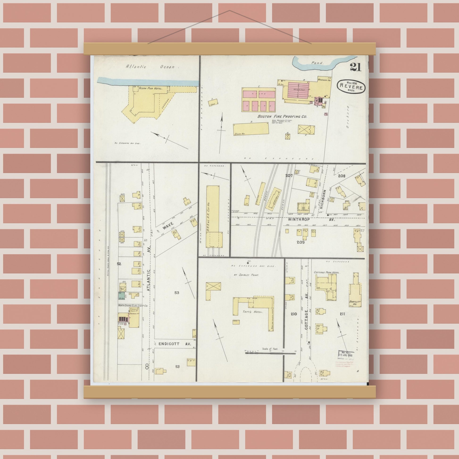 Old map wall art mockup — magnetic wood frame on brick wall — Sanborn Fire Insurance Map from Revere, Suffolk County, Massachusetts (1896), Sheet #0021