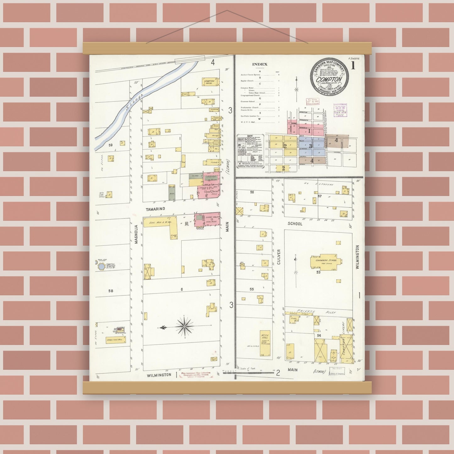 Old map wall art mockup — magnetic wood frame on brick wall — Sanborn Fire Insurance Map from Compton, Los Angeles County, California (1907) - Complete Map Set