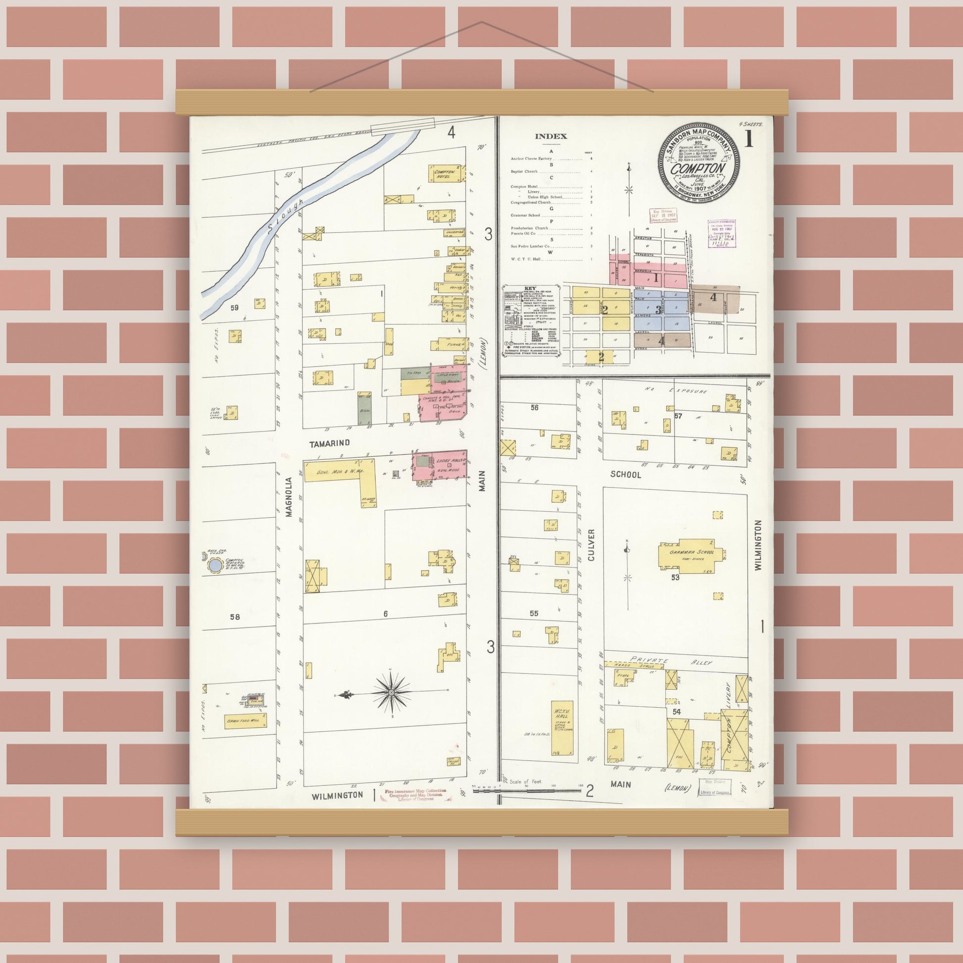 Old map wall art mockup — magnetic wood frame on brick wall — Sanborn Fire Insurance Map from Compton, Los Angeles County, California (1907) - Complete Map Set