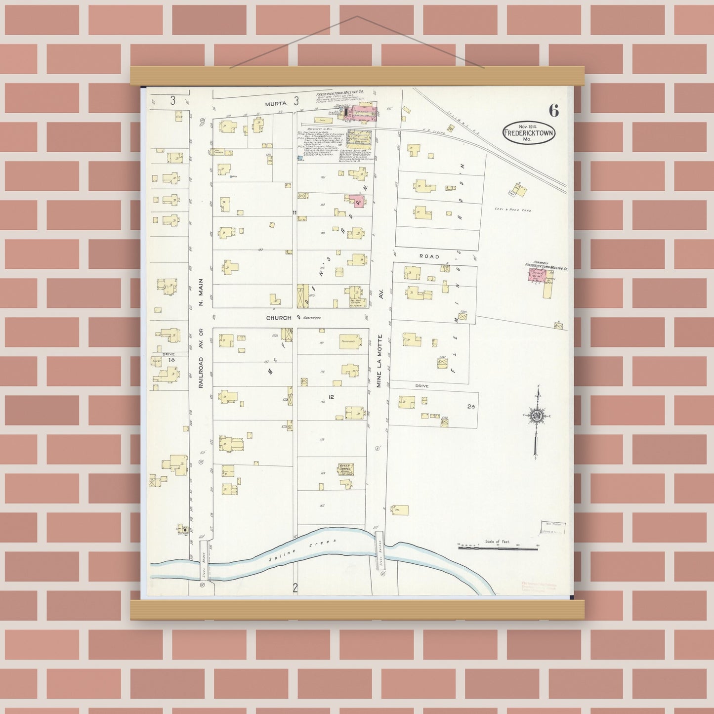 Old map wall art mockup — magnetic wood frame on brick wall — Sanborn Fire Insurance Map from Fredericktown, Madison County, Missouri (1914), Sheet #0006