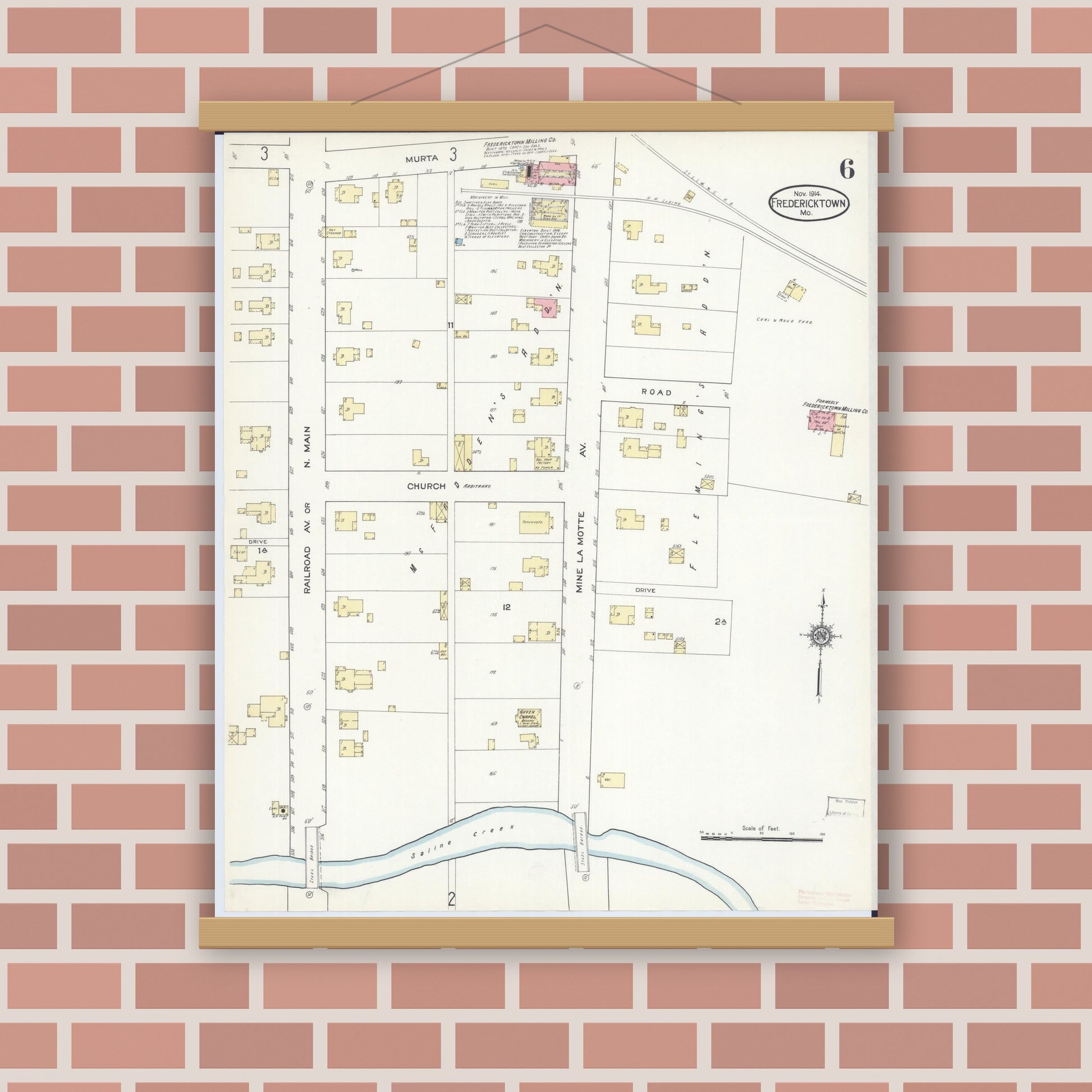 Old map wall art mockup — magnetic wood frame on brick wall — Sanborn Fire Insurance Map from Fredericktown, Madison County, Missouri (1914), Sheet #0006