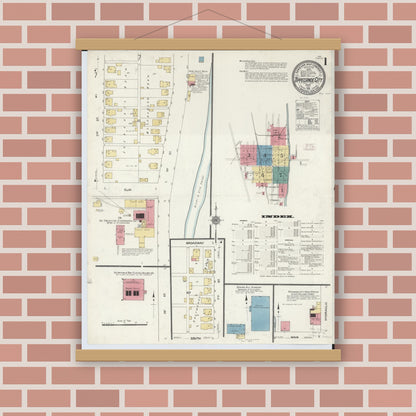 Old map wall art mockup — magnetic wood frame on brick wall — Sanborn Fire Insurance Map from Tipp City, Miami County, Ohio (1911), Sheet #0001