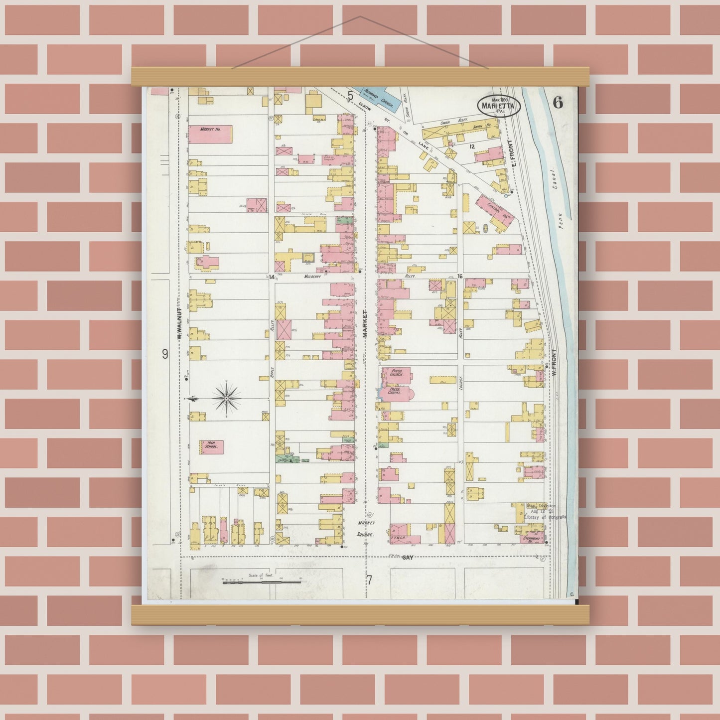 Old map wall art mockup — magnetic wood frame on brick wall — Sanborn Fire Insurance Map from Marietta, Lancaster County, Pennsylvania (1899), Sheet #0006