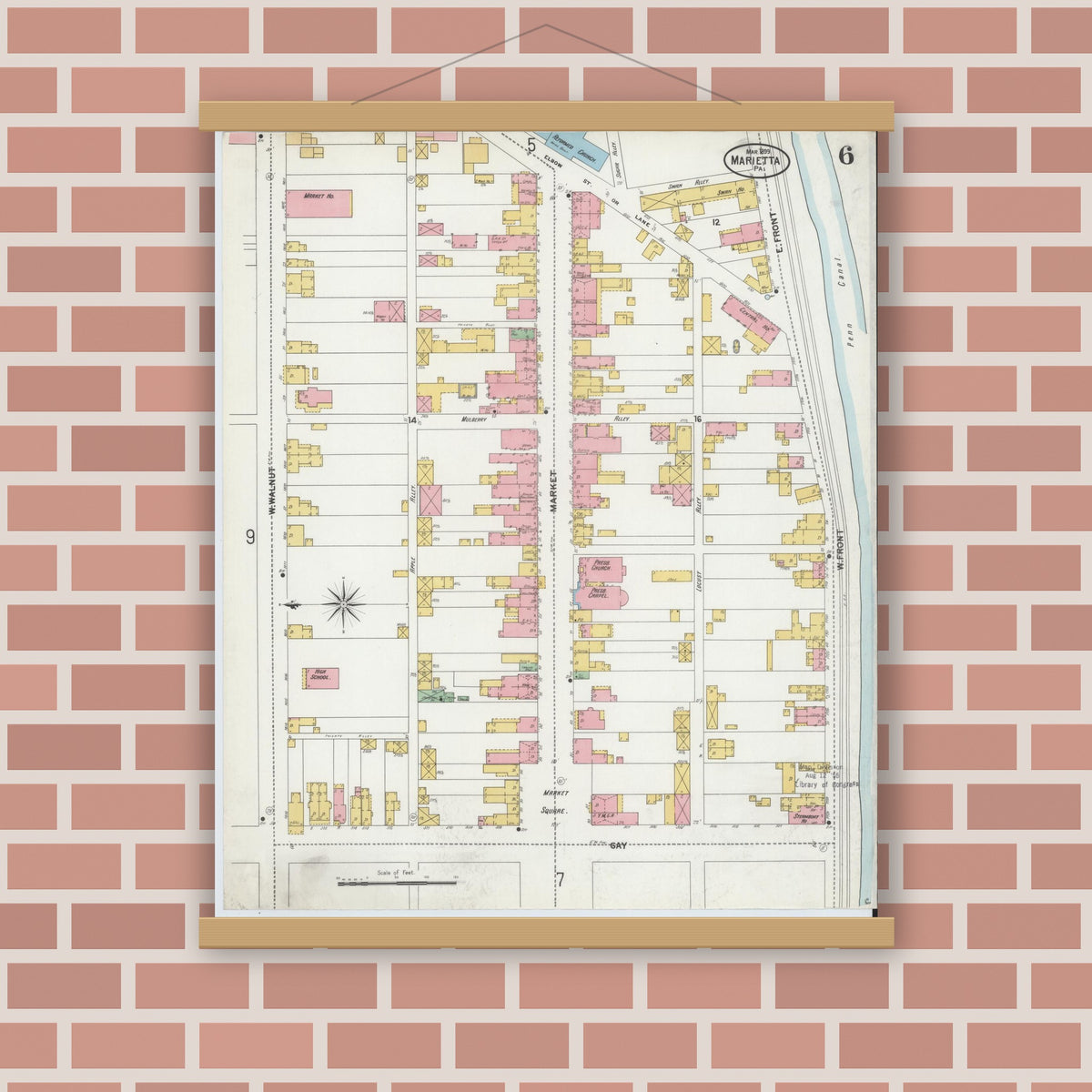 Old map wall art mockup — magnetic wood frame on brick wall — Sanborn Fire Insurance Map from Marietta, Lancaster County, Pennsylvania (1899), Sheet #0006
