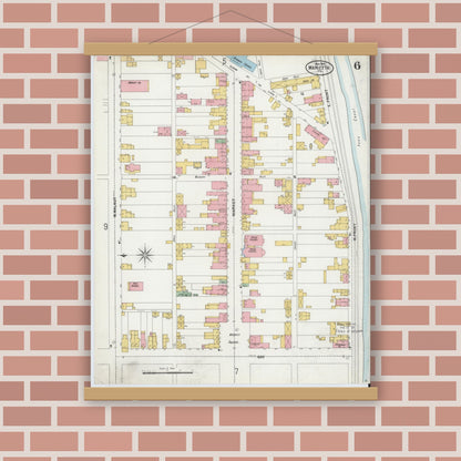 Old map wall art mockup — magnetic wood frame on brick wall — Sanborn Fire Insurance Map from Marietta, Lancaster County, Pennsylvania (1899), Sheet #0006