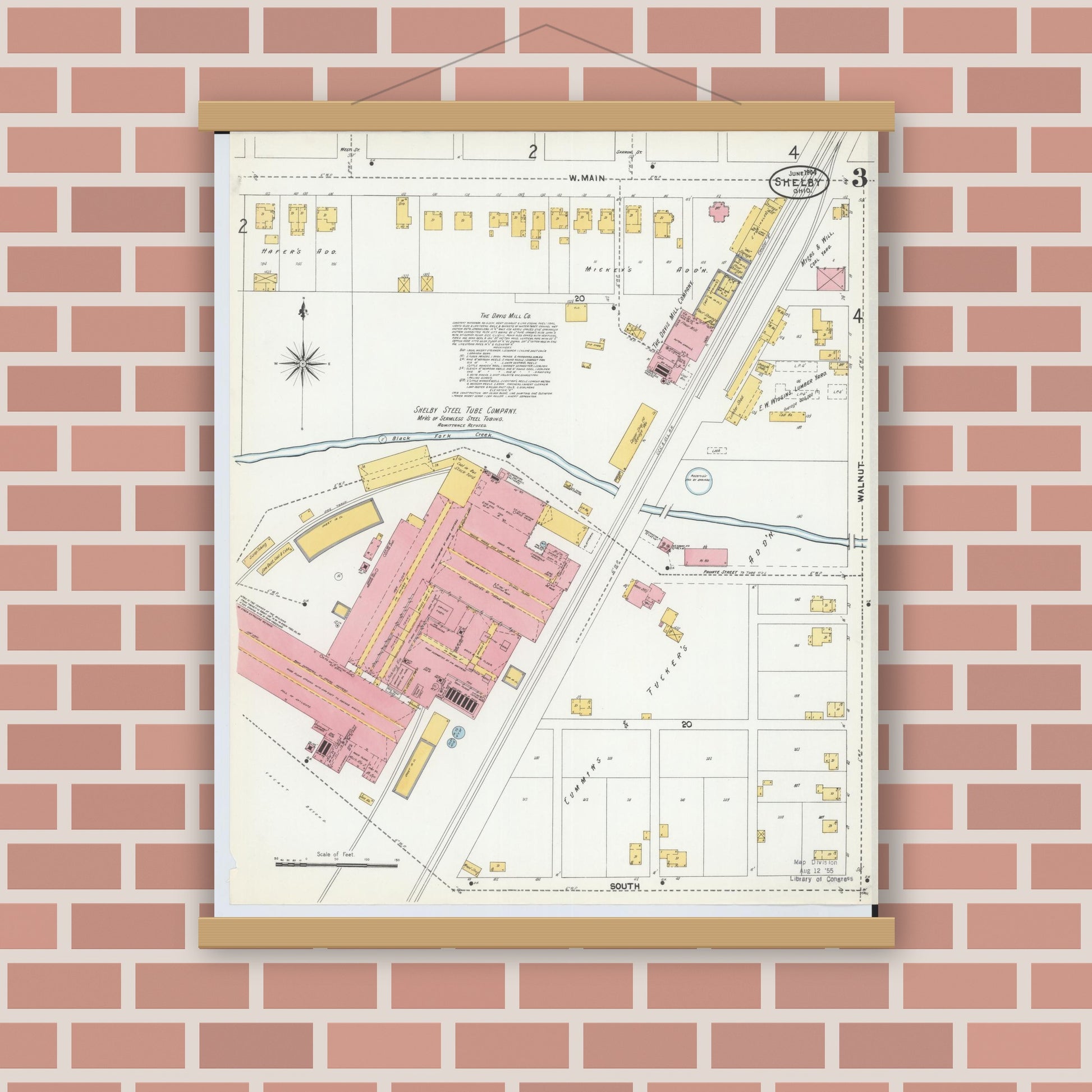 Old map wall art mockup — magnetic wood frame on brick wall — Sanborn Fire Insurance Map from Shelby, Richland County, Ohio (1904), Sheet #0003