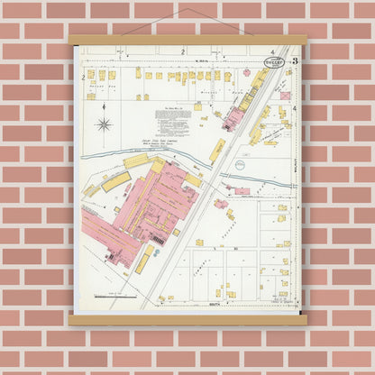 Old map wall art mockup — magnetic wood frame on brick wall — Sanborn Fire Insurance Map from Shelby, Richland County, Ohio (1904), Sheet #0003