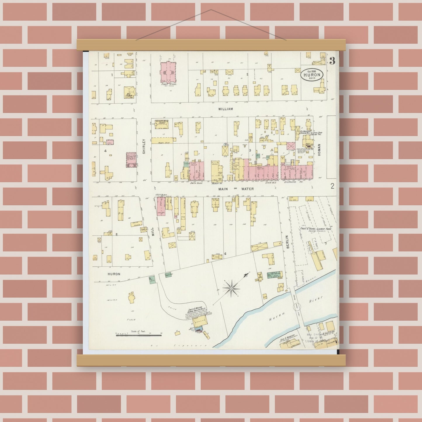 Old map wall art mockup — magnetic wood frame on brick wall — Sanborn Fire Insurance Map from Huron, Erie County, Ohio (1898), Sheet #0003
