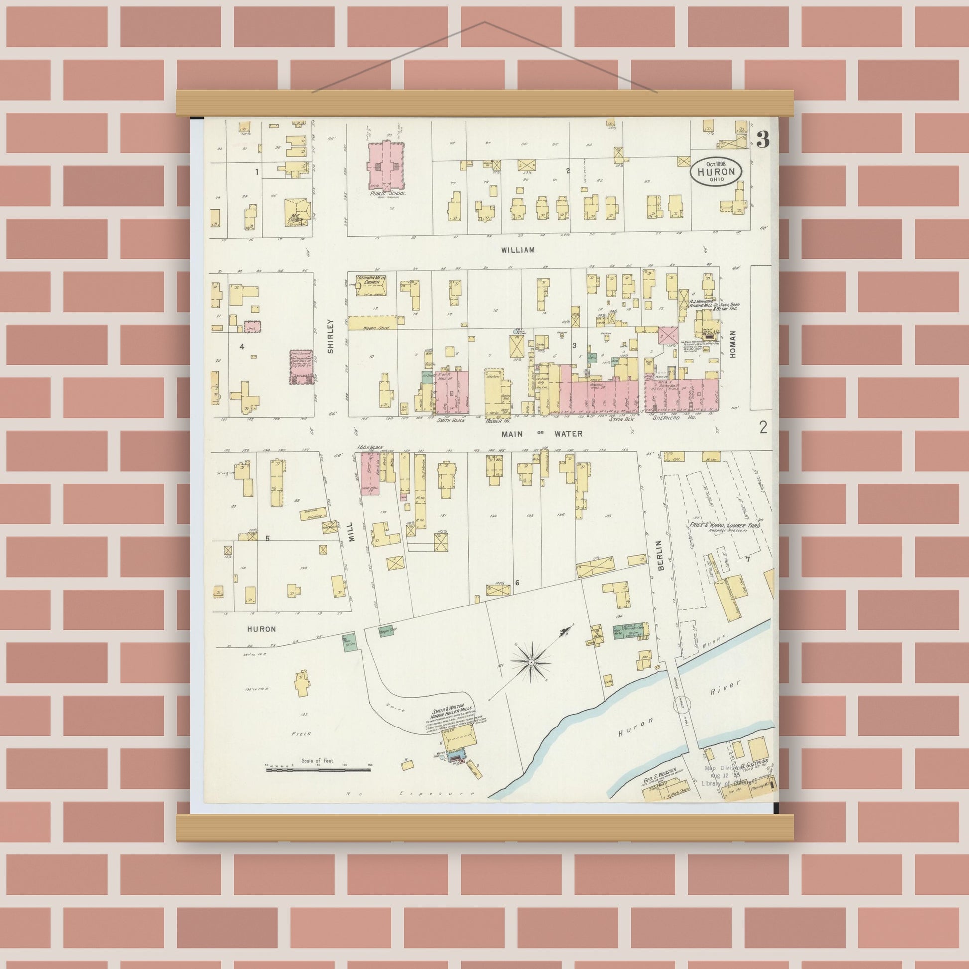 Old map wall art mockup — magnetic wood frame on brick wall — Sanborn Fire Insurance Map from Huron, Erie County, Ohio (1898), Sheet #0003